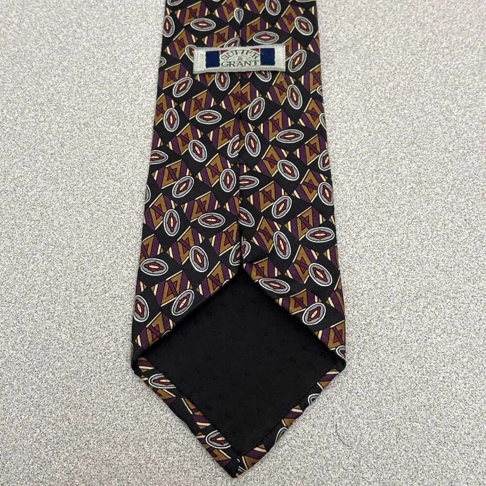 Vintage Sutter & Grant 100% Silk Necktie, Black/Brown/Burgundy Geometric Print